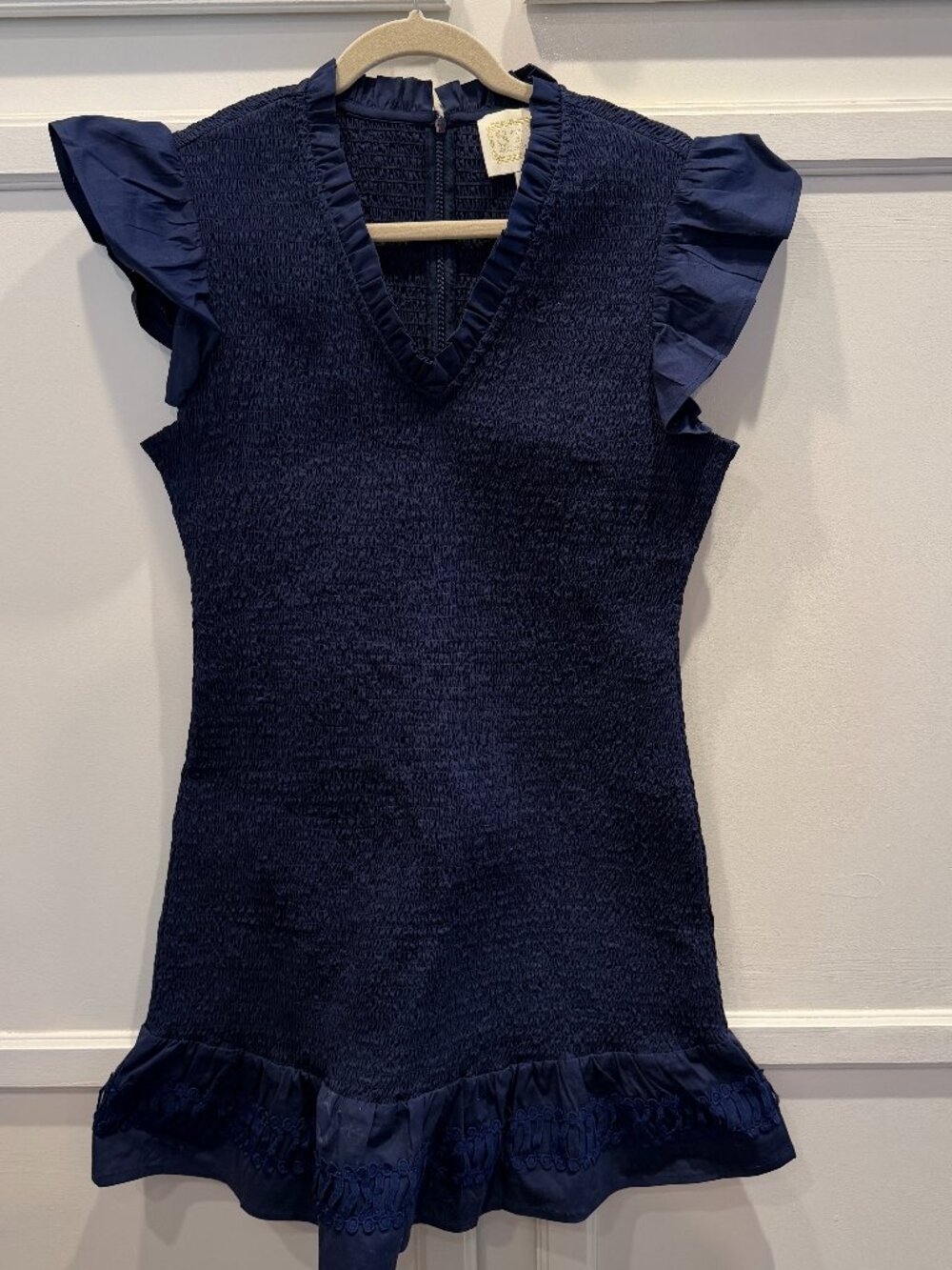 NWT Sail to Sable Navy Blue Flutter Sleeve Smocked Mini Dress Medium